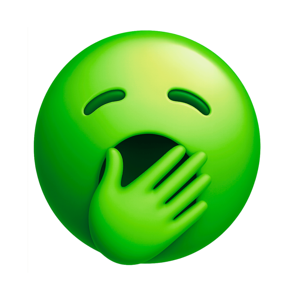 Yawning green face emoji with hand over mouth, sleepy expression, vector graphic.