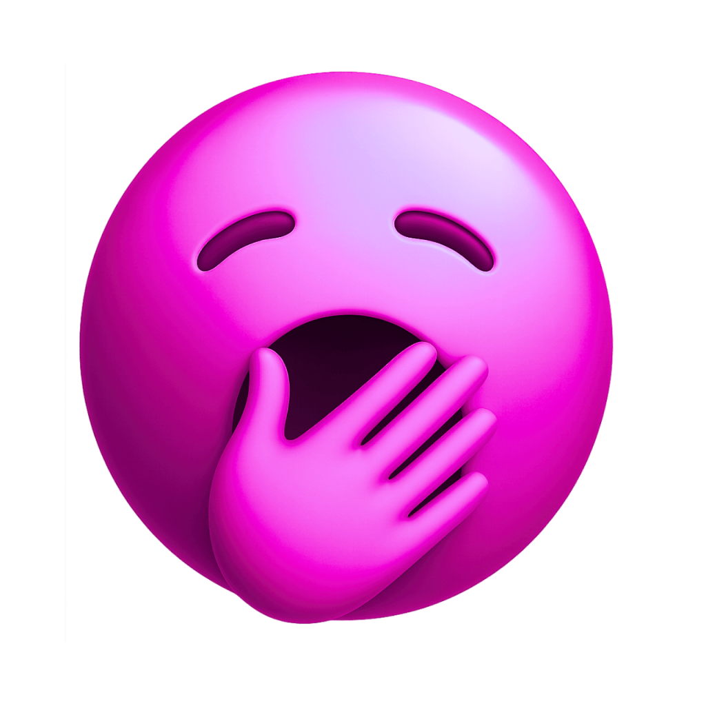 Yawning pink face emoji with hand over mouth, sleepy expression, vector graphic.