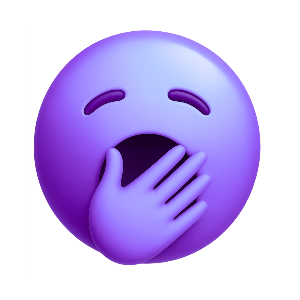 Yawning purple face emoji with hand over mouth, sleepy expression, vector graphic.