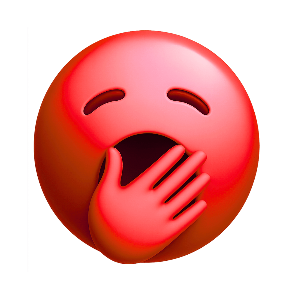 Yawning red face emoji with hand over mouth, sleepy expression, vector graphic.