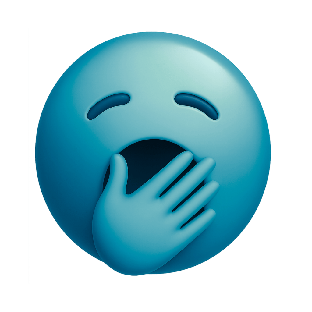 Yawning teal face emoji with hand over mouth, sleepy expression, vector graphic.