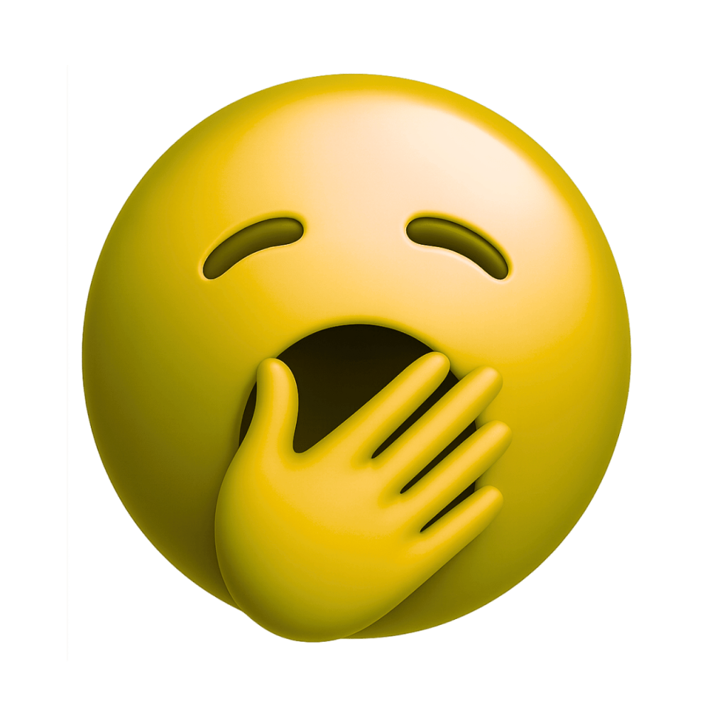 Yawning yellow face emoji with hand over mouth, sleepy expression, vector graphic.