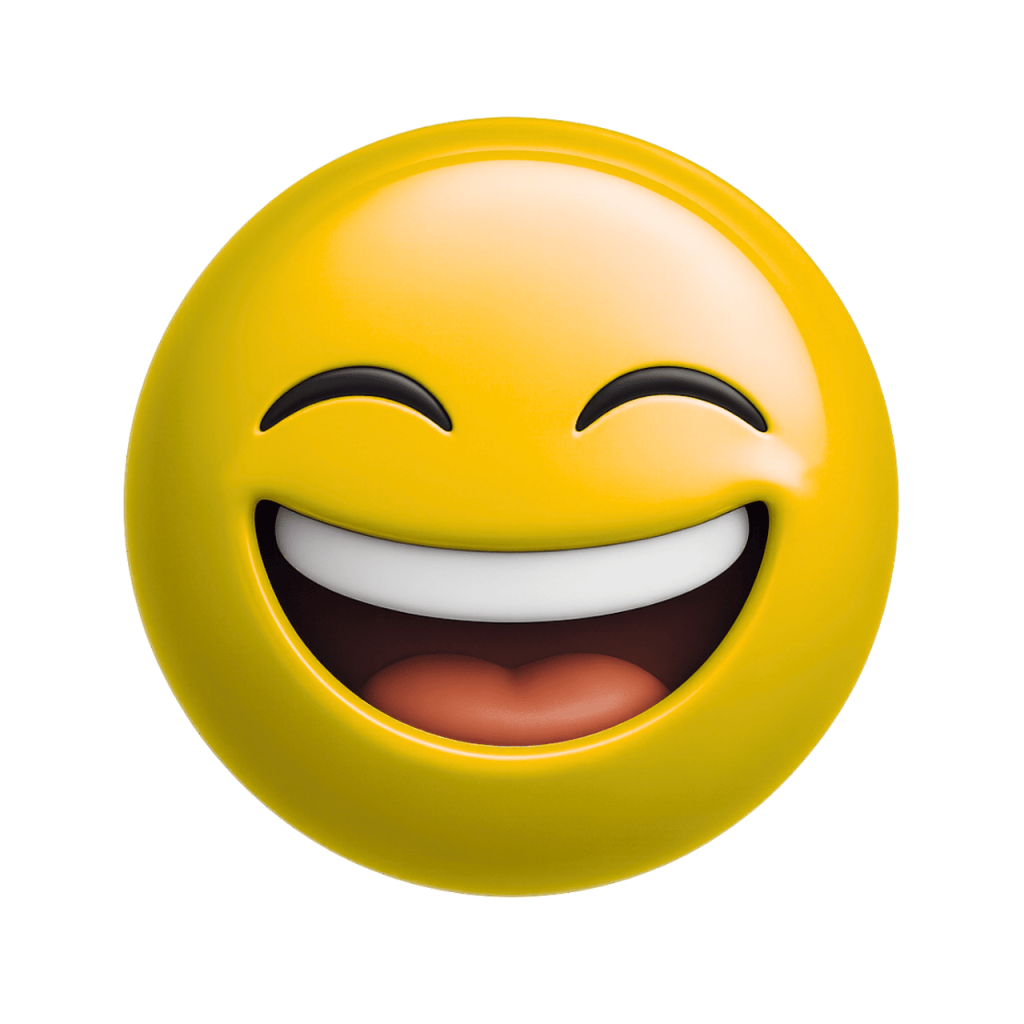 Yellow joyful face emoji laughing with closed eyes and wide smile, expressing happiness.