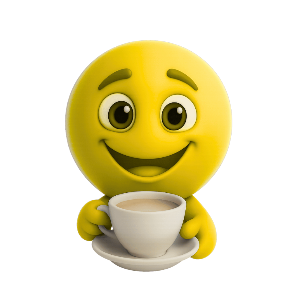 3D rendered yellow smiley face emoji holding a cup of coffee, cheerful